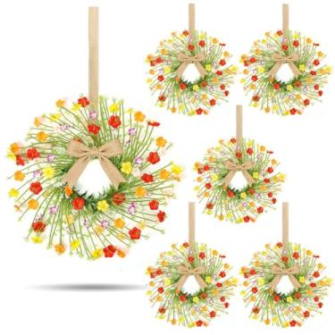 Imagem de 6 peças de mini guirlanda de flores silvestres com fita de linho, coroas de vela coloridas de primavera, porta-velas artificiais de pilar de flores silvestres para decoração de parede de mesa de