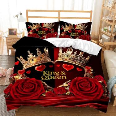 Imagem de AILONEN Conjunto de capa de edredom de rosa vermelha e preta, tamanho Queen, casal coroa global, capa de colcha de flores românticas com 2 fronhas, 3 peças