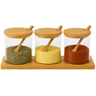 Imagem de Porta Condimento Conjunto De 3 Potes De Vidro Com Tampas De Bambu Colheres E Base De Bambu Organizador Para Condimentos E Temperos 08x08X30cm