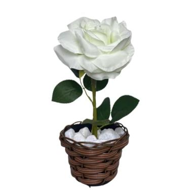 Imagem de Arranjo Rosa Artificial Com Vaso TrançAdo E Pedras Brancas DecoraçãO Completa Enfeite Flores Artificiais Altamente Decorativo E Esteticamente AgradáVel(BRANCO)