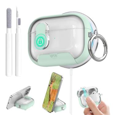 Imagem de Aircawin Capa transparente para Airpods Pro 3, trava segura para Airpods Pro 3ª geração, com suporte para telefone e função Magsafe, pop-up automático, design de proteção híbrida com mosquetão e