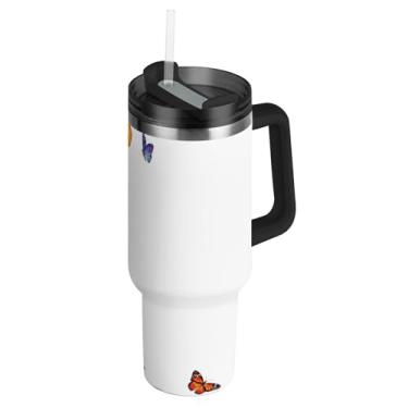 Imagem de Joisal Copo de 850 g com alça copos de aço inoxidável com tampas e canudo garrafas de água térmica térmica caneca de café quente para carros borboletas vibrantes flores brancas