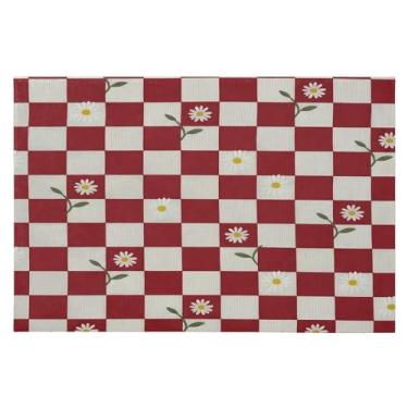 Imagem de Wassud Tapete de porta de flor xadrez vermelho branco 61 x 89 cm, tapete de área lavável antiderrapante com suporte de borracha, tapete macio e macio para sala de estar, quarto, entrada, entrada