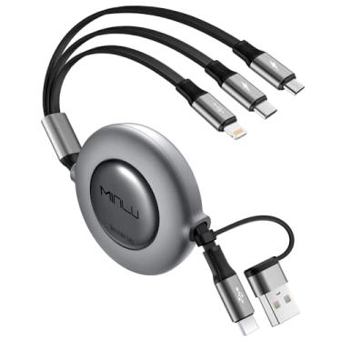 Imagem de Cabo de carregador retrátil 3 em 2, cabo de carregamento multirápido de 1,5 m para todos os dispositivos trançado USB A/C para Lightning/Tipo C/Micro USB Cabo de carregamento universal para iPhone