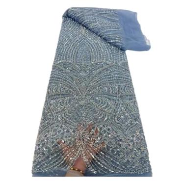 Imagem de 5 Yards Extra Heavy Pearl Beaded Fabric Geometric Diamond Sequin Embroidery on Mesh for Couture Wedding Dresses & Gowns (Width 130cm)(Blue)