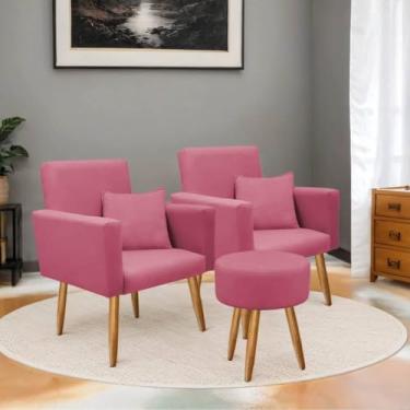 Imagem de Poltrona Decorativa com Puff Sala | Estofada em Suede, Pé Palito Madeira, Conforto e Design Moderno(Rosa)