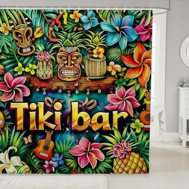Imagem de Erosebridal Cortinas de chuveiro Tiki Bar 183 cm L x 182 C Happy Hawaii Party Cortinas de banheiro com plantas tropicais para crianças, meninos, meninas, abacaxi, música, guitarra, colorido,
