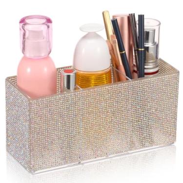 Imagem de Suporte de caneta Bling para lápis, 4 compartimentos, suporte de caneta de acrílico com glitter, suporte de pincel de maquiagem, organizador feminino de acessórios de mesa para escritório, sala de