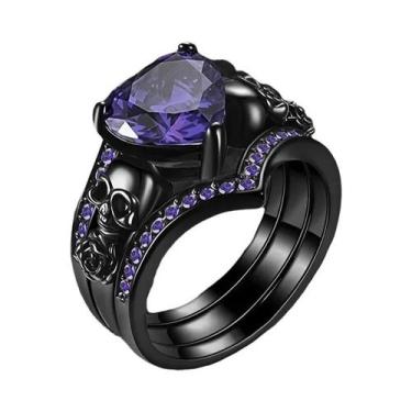 Imagem de Anel De Zircônia Coração Caveira Gótica Preto Vermelho Roxo Decoração 