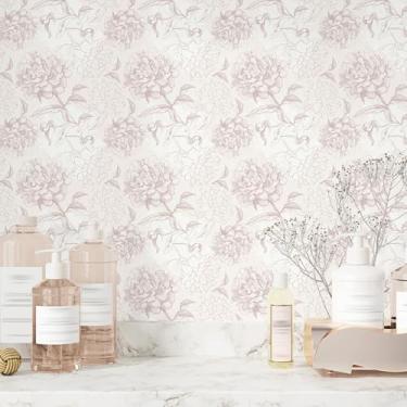 Imagem de EPPKILY Papel de parede floral rosa claro para descascar e colar papel de parede vintage floral rosa papel de parede autoadesivo removível papel de contato para paredes quarto de meninas armários
