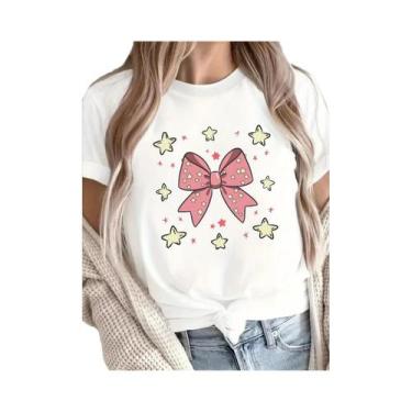 Imagem de Camiseta Feminina Harajuku Com Estampa De Estrela E Laço Rosa, Manga C