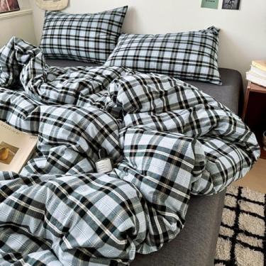 Imagem de LifeTB Conjunto de edredom xadrez de 3 peças, tamanho casal, macio, fofo, vintage, xadrez, com 2 fronhas, leve, respirável, cinza, preto, conjunto de cama quadriculado