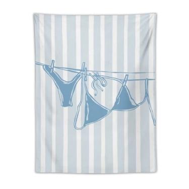 Imagem de Tapeçaria de biquíni azul em linha minimalista arte listrada fundo listrado decoração de casa temática de praia para quarto banheiro ambiente de verão tapeçaria 76 x 101 cm