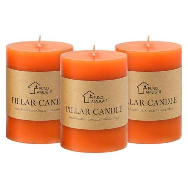 Imagem de Conjunto de 3 velas de pilar laranja de 7 x 10 cm - velas de pilar laranja sem cheiro de outono, sem fumaça, velas longas sem gotejamento, estilo rústico, Halloween, decoração de casa, casamentos à