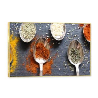 Imagem de NHLDZYH Moldura dourada. Arte de parede em tela de especiarias coloridas e colher de tempero | Decoração de cozinha vintage | Arte moderna para casa e sala de jantar. C96. 60 x 90 cm - 23,7 x 35,5 pol