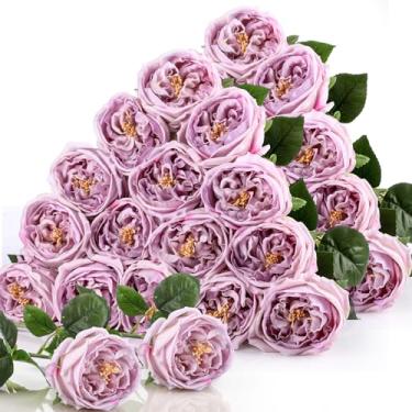 Imagem de Giegxin 20 peças, peônias de toque real, flores artificiais de rosas Austin, aparência falsa, caules longos, flores falsas com flores grandes para Natal, Dia dos Namorados, casamento, decoração de