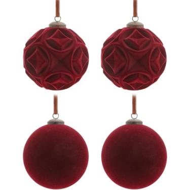 Imagem de 4 peças de enfeites de bola de Natal de veludo, conjunto de enfeites de 10 cm bordô flocados para árvore de Natal com 10 peças de laços de veludo, decorações suspensas de Natal inquebráveis para