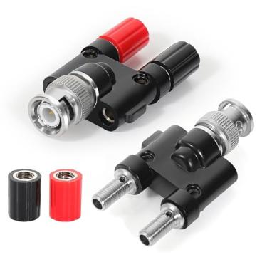 Imagem de BNC macho para 2 × 4 mm soquete fêmea banana dupla borne de encadernação adaptador conector divisor coaxial RF pacote com 2, conector BNC banana para antenas de rádio HF osciloscópio DVM equipamento