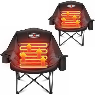 Imagem de Overmont 2 peças de cadeira de acampamento grande aquecida para adultos – 3 níveis de calor assento e encosto com controle separado – suporte de 181 kg, cadeira dobrável acolchoada e resistente