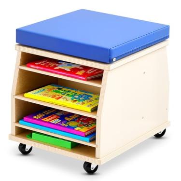 Imagem de Geelin Banqueta móvel para professores com ferramentas de armazenamento, cadeira de professor de madeira com assento de espuma confortável e 4 rodízios de travamento para material escolar, livros