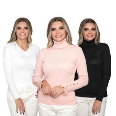 Imagem de Kit 3 Blusas Feminina de Tricot Manga Longa Tendência Frio 2024 - SP/C