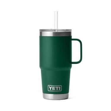 Imagem de YETI Copo Rambler de 740 ml com alça e tampa de palha, copo de água para caneca de viagem, copo isolado a vácuo com alça, aço inoxidável, verde floresta preta