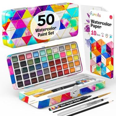 Imagem de Funcils Conjunto de tinta aquarela – Conjunto de 50 aquarelas de viagem – Tinta de cores aquáticas para adultos, crianças, iniciantes, artistas profissionais | Paleta de aquarela com papel, pincel, caneta | Materiais de arte para adultos