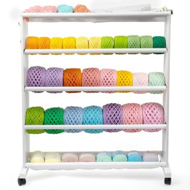 Imagem de Rack de armazenamento de bolos de fios, carrinho de madeira de 5 camadas para organizar bolas de fios, suporte móvel de fio com 4 rodas, ganchos laterais e bolsa para suprimentos de crochê de tricô