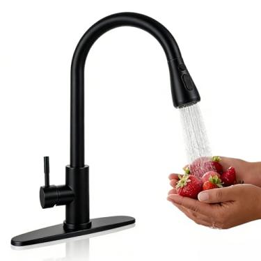 Imagem de Torneira de pia de cozinha preta fosca com spray de puxar para baixo RV torneira de cozinha de aço inoxidável extensão utilitária torneiras de fazenda para pia 1 furo alugar apartamento dormitório