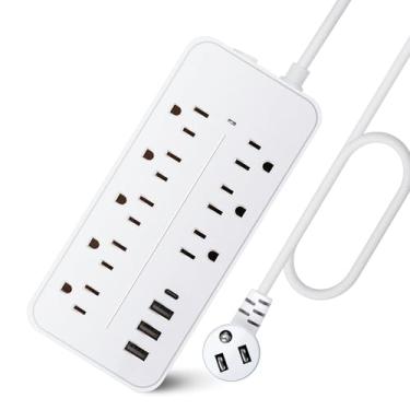 Imagem de Painel de Tomadas com Proteção contra Surtos Plug Power Strip SobreCarga Capa Incombustível ETL Listed 1700J 8 Espaçamento Aumentado 3 Portas USB 1 Tipo-C Fio Extensão 5 pés Montável na Parede