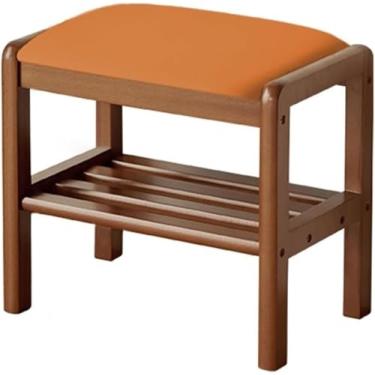 Imagem de Banco de madeira maciça com prateleira de armazenamento, sapateira para porta da frente, organizador de sapatos pequeno para entrada, sala de estar, corredor (45 cm, laranja)