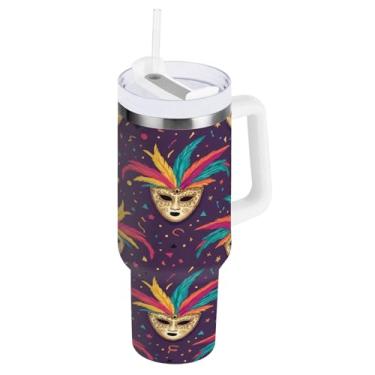 Imagem de Blueangle Copo isolado de máscara de carnaval de 1,134 g com alça e tampa de palha, caneca de viagem reutilizável de aço inoxidável (1013)