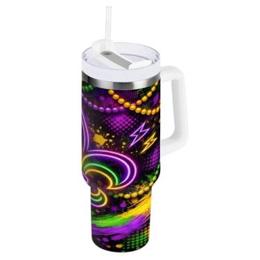 Imagem de Blueangle Copo térmico neon de 850 g Mardi Gras com alça e tampa de palha, caneca de viagem reutilizável de aço inoxidável (960)