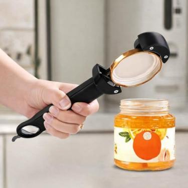 Imagem de Abridor de lata multifuncional Abridor de jarra universal Ferramenta de cozinha para abridor de garrafas Tire tampas facilmente bordas lisas Latas abertas ímã ajustável preto 4