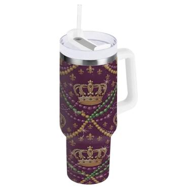 Imagem de Blueangle Copo isolado com coroa de carnaval de 1,134 g com alça e tampa de palha, caneca de viagem reutilizável de aço inoxidável (869)