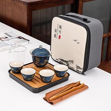 Imagem de Conjunto de chá de cerâmica, conjunto de chá de cerâmica portátil de viagem inclui 1 bule de chá 4 xícaras de chá chinês Puer Teaware Gaiwan Presente de lembrança com saco, conjunto de chá de viagem