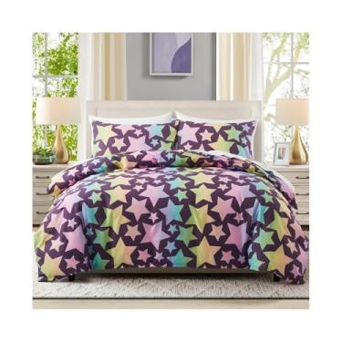 Imagem de x3anggyt5 Conjunto de capa de edredom de estrela arco-íris gradiente, reversível, capa de edredom de microfibra com zíper e laços (EUA solteiro (173 x 229 cm))