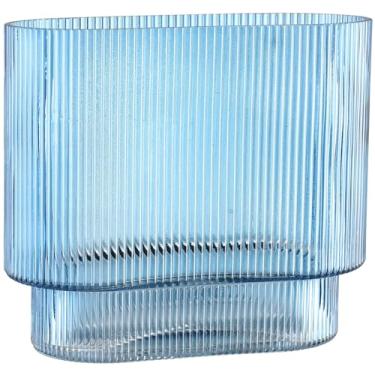 Imagem de YANWE1 Vaso de vidro canelado, vaso de vidro azul, vasos curtos canelados para flores, vasos modernos para sala de estar, sala de jantar, banheiro, mesa, prateleira, casamento, escritório, 18 cm