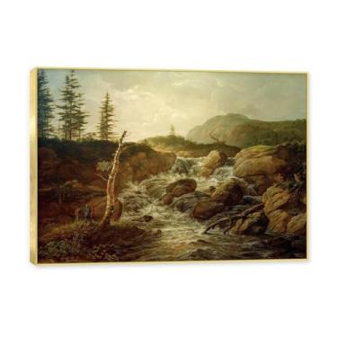 Imagem de Moldura dourada. Reprodução de arte famosa de J.C. Dahl, arte em tela de paisagem romântica nórdica, decoração de parede elegante para sala de estar, escritório, pronta para pendurar. (cachoeiras