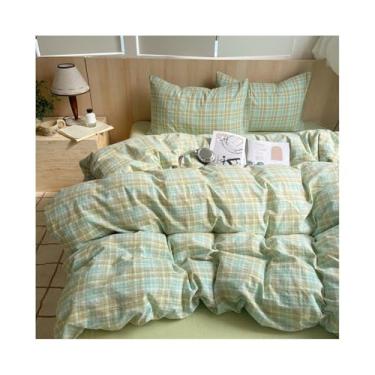 Imagem de Conjunto de capa de edredom quadriculada geométrica 3 peças de algodão lavado respirável (verde, 220 x 240 cm)