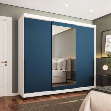 Imagem de Guarda-roupa Casal 3 Portas Correr com Espelho Madrid Azul/Branco