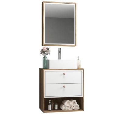 Imagem de Conjunto Para Banheiro Gabinete 60cm 2 Gavetas Com Cuba E Armário Gael B06 Branco Nogal - Lyam Decor