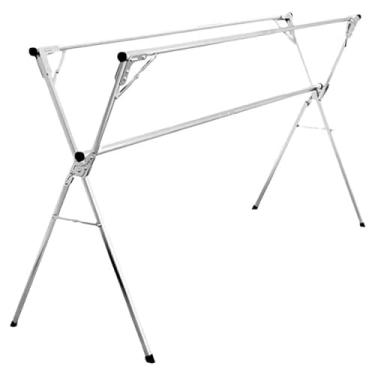 Imagem de Escorredor de roupas de aço inoxidável resistente - Rack de roupas portátil dobrável com hastes horizontais ajustáveis para uso interno/externo, 160 cm (63 pol.) - Solução para economia de espaço