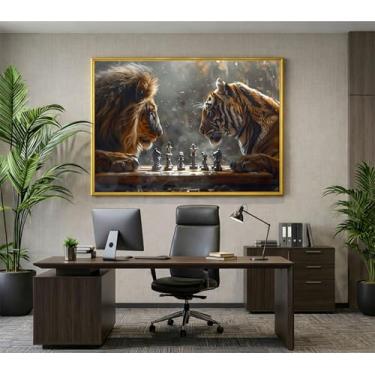 Imagem de Quadro Decorativo Leão vs Tigre Jogando Xadrez Sala Hall Escritório 100x70cm (01, Dourado, 100x70)