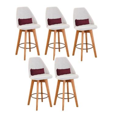 Imagem de Kit 05 Banquetas Alta Maya Giratória Com Encosto Linho Bege Claro e Almofada Suede Bordô - Aurora Line