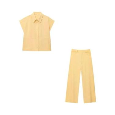 Imagem de Conjunto De Terno Feminino Amarelo Manteiga Casual Com Camisa De Botão