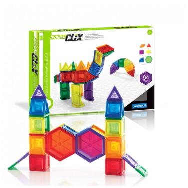 Imagem de Conjunto de blocos magnéticos Guidecraft PowerClix Solids com 94 peças em ABS translúcido para construções geométricas STEM 2D e 3D