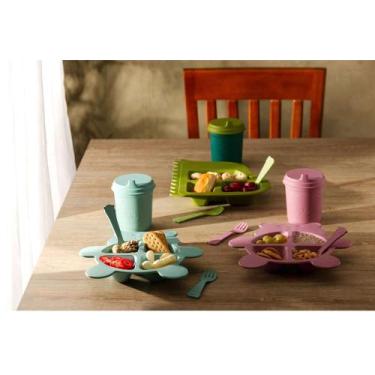 Imagem de Prato com 2 Talheres Lyor Baby Bear de Bambu e PP Azul.