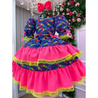 Imagem de Vestido Junino Menina Banana Club Luxo  Bandeirinhas Coloridas  Babado