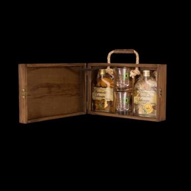 Imagem de Kit Madeira Cachaça Harmonie Schnaps  2 Garrafas 160ml e 2 Copos